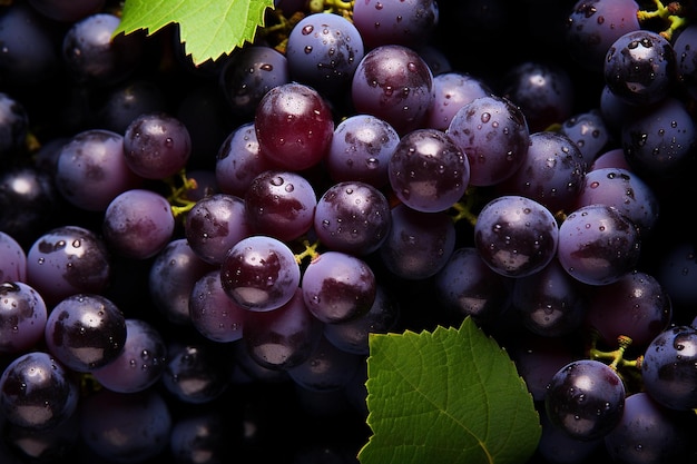 A close up of a bunch of grapes with a green leaf.