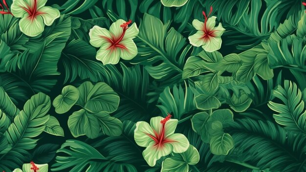 A close up of a bunch of green leaves and flowers generative ai