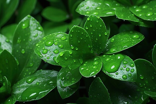 Close up of bunch of green leaves with drops of water