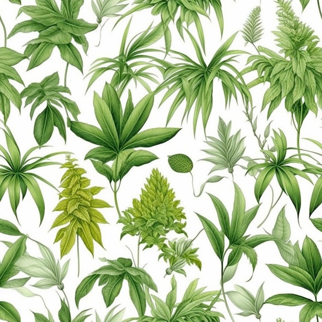 A close up of a bunch of green plants on a white background generative ai