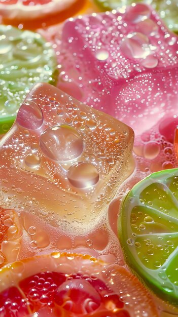 Photo a close up of a bunch of gummy bears with water droplets on them