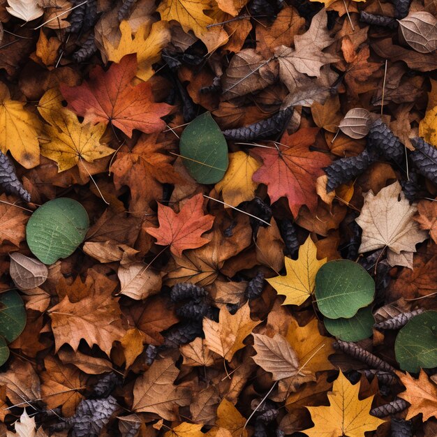 A close up of a bunch of leaves and pine cones on the ground generative ai