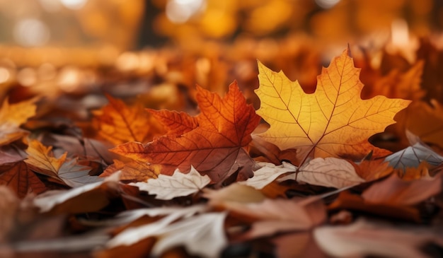 A close up of a bunch of leaves with the word fall on them