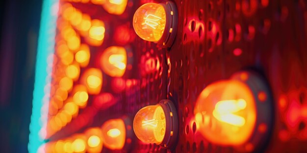 A close up of a bunch of lights that are lit up and orange