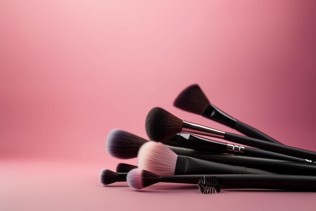 A close up of a bunch of makeup brushes on a pink surface generative ai