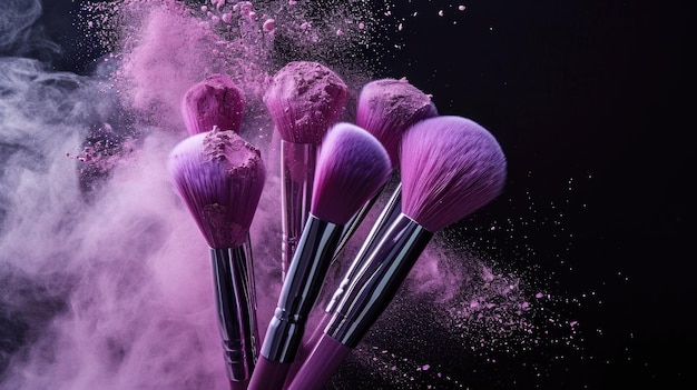 A close up of a bunch of makeup brushes with a purple powdery substance on them