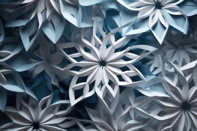 A close up of a bunch of paper flowers in blue and white