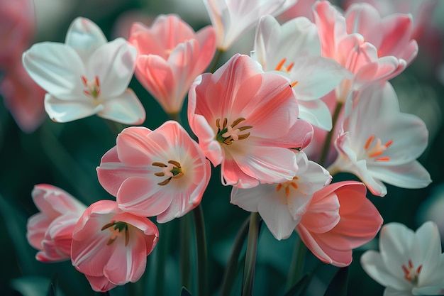 A close up of a bunch of pink and white flowers