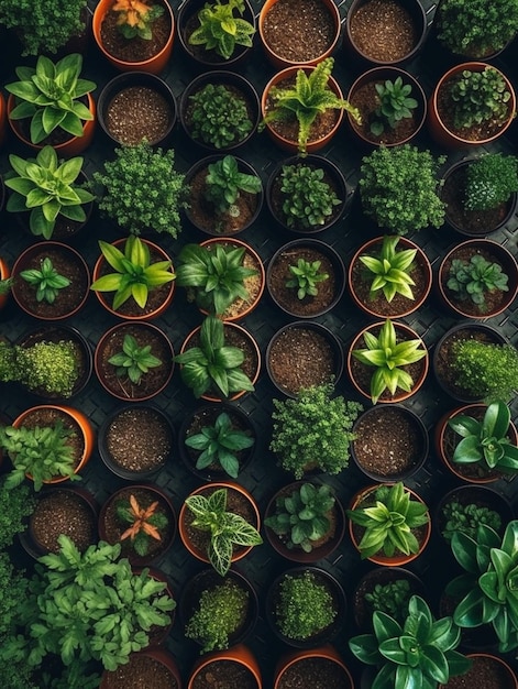 A close up of a bunch of plants in pots on a table generative ai