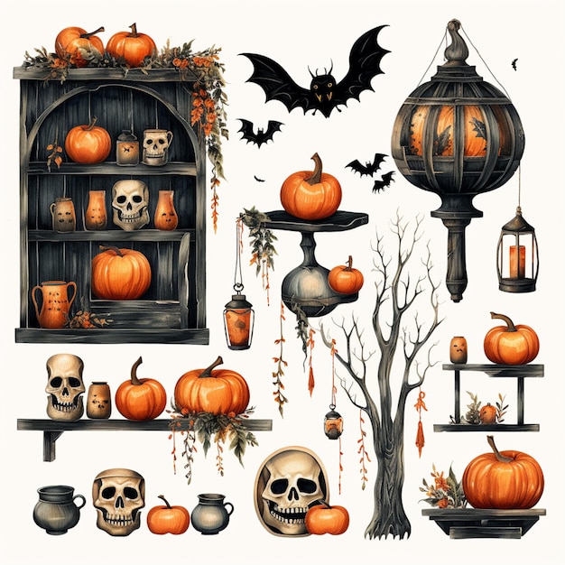 a close up of a bunch of pumpkins on shelves with bats generative ai