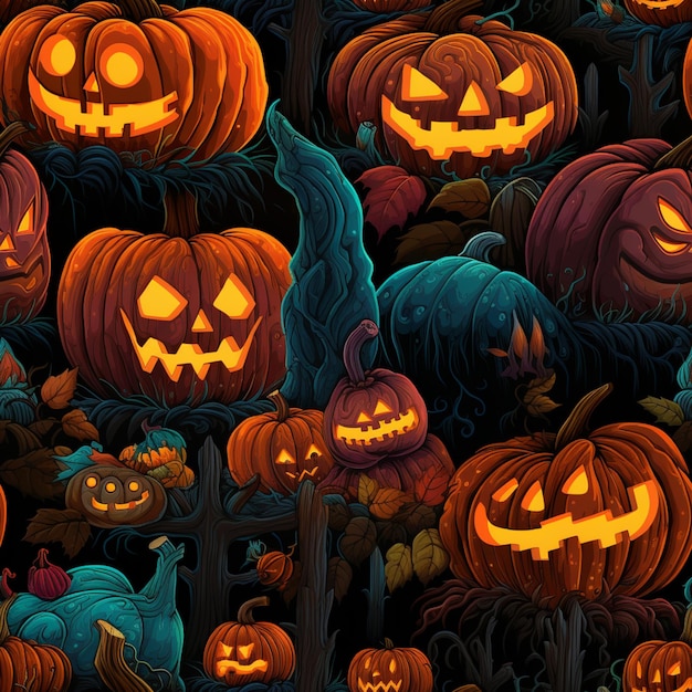 a close up of a bunch of pumpkins with faces on them generative ai