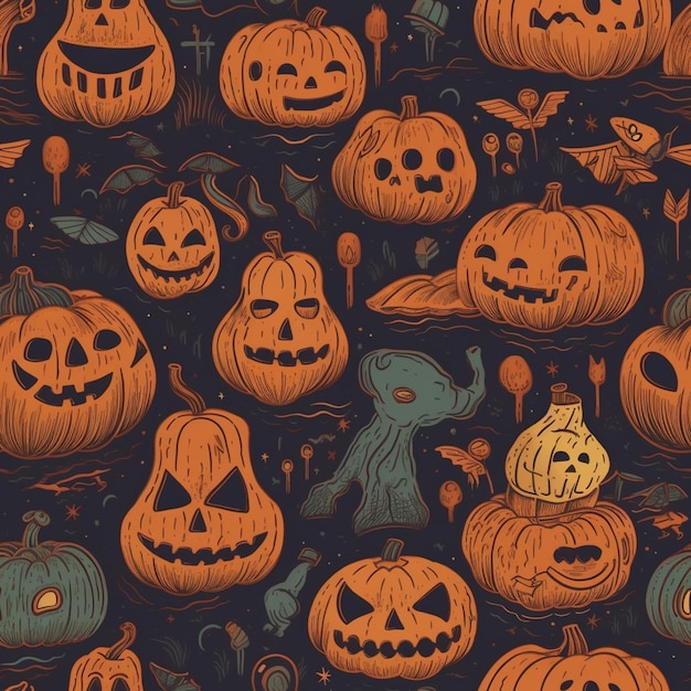 A close up of a bunch of pumpkins with faces on them generative ai