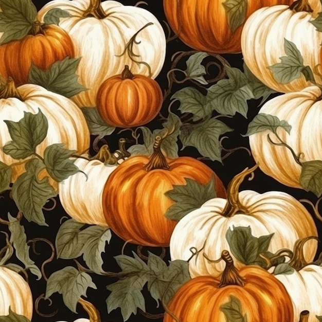 A close up of a bunch of pumpkins with leaves on them generative ai