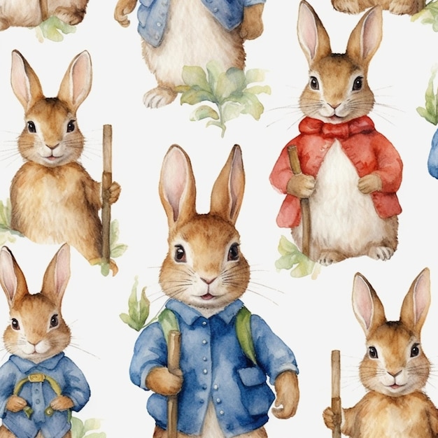 a close up of a bunch of rabbits with different outfits generative ai