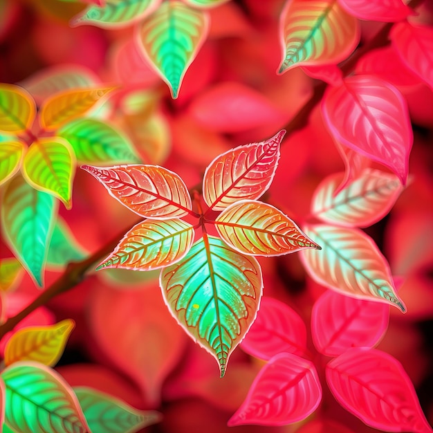 a close up of a bunch of red and green leaves with a green background