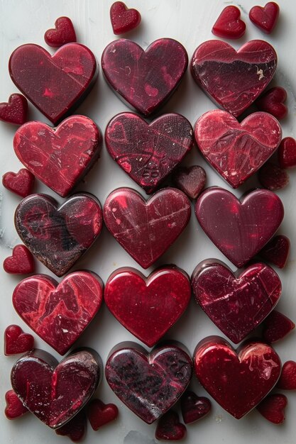 A close up of a bunch of red hearts on a white surface