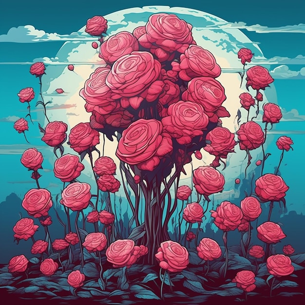 a close up of a bunch of red roses in a field generative ai