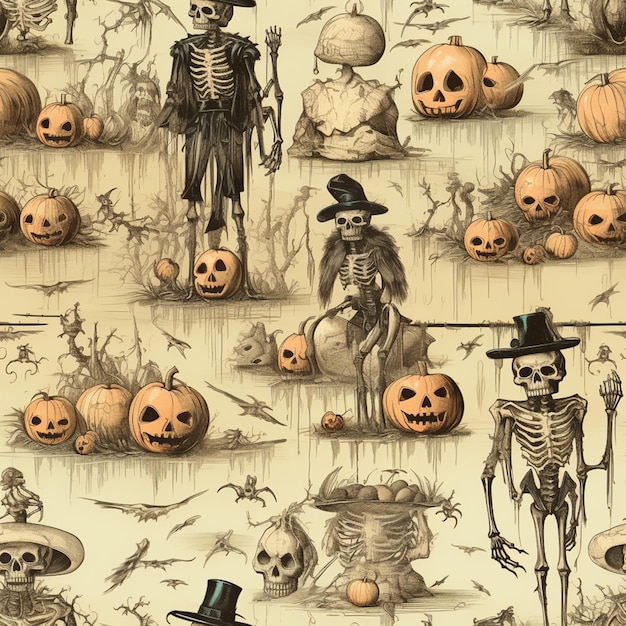 a close up of a bunch of skeletons and pumpkins generative ai