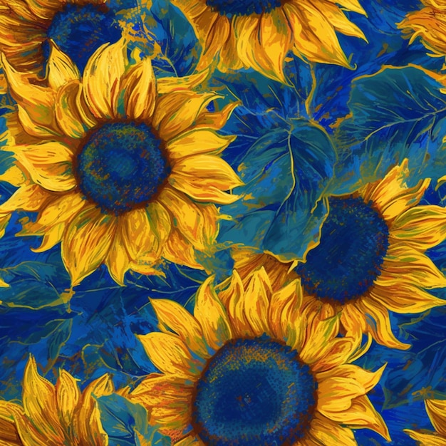 a close up of a bunch of sunflowers on a blue background generative ai