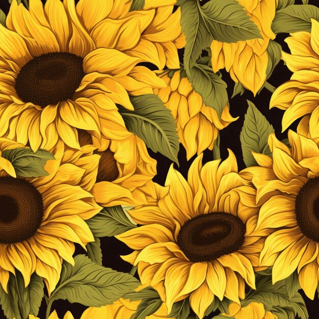 A close up of a bunch of sunflowers with leaves generative ai