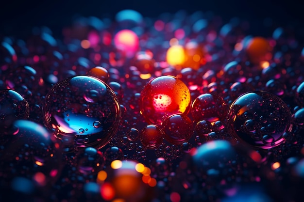 Close up of bunch of water droplets on black surface with red and yellow light in the middle Generative AI