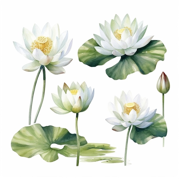 A close up of a bunch of water lilies with leaves generative ai