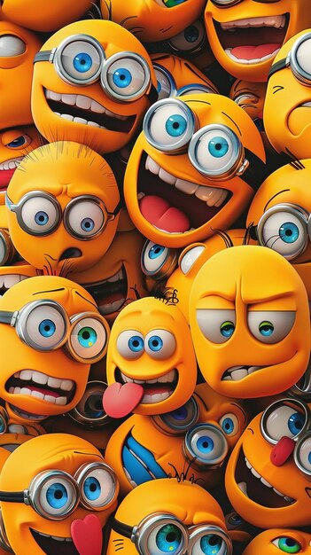 a close up of a bunch of yellow smiley faces with blue eyes generative ai