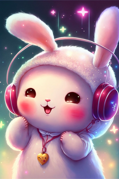 Close up of a bunny wearing headphones generative ai