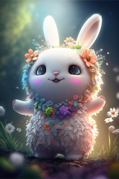 Close up of a bunny with flowers on its head generative ai