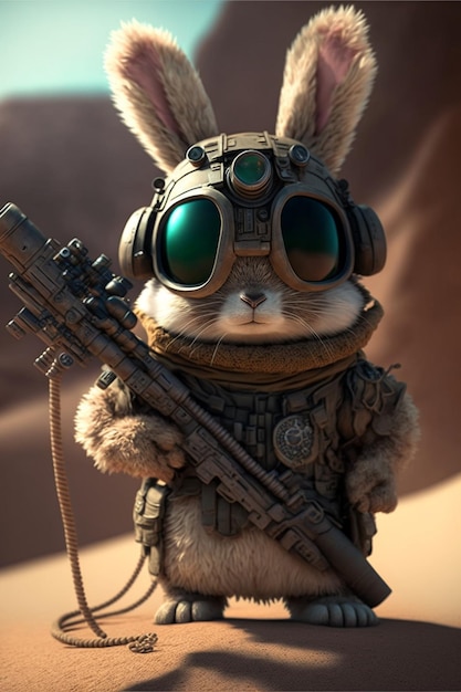 Close up of a bunny with a gun generative ai