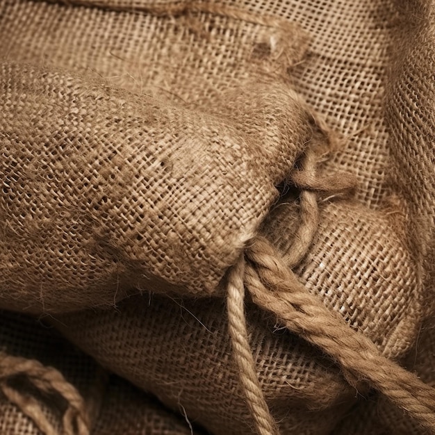 A close up of a burlap bag with a knot