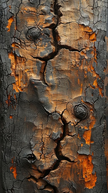 A close up of a burned tree bark