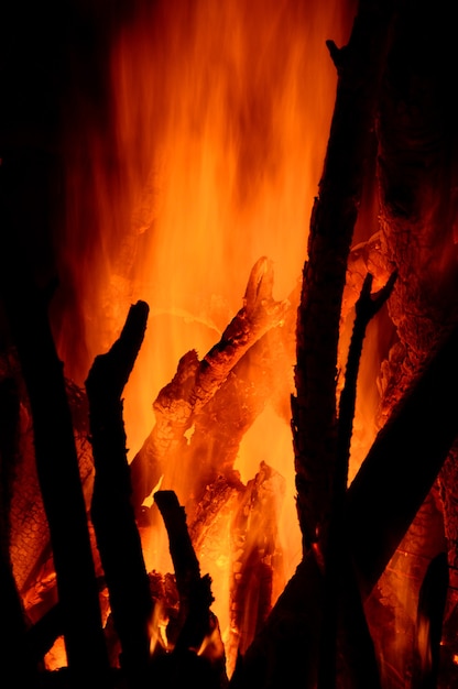 Close up of burning logs in the fireplace on black background