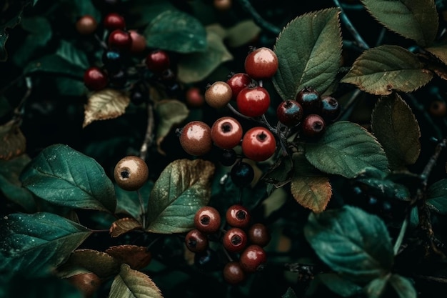 A close up of a bush with red berries on it