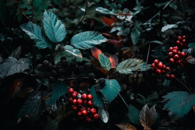 A close up of a bush with red berries and leaves