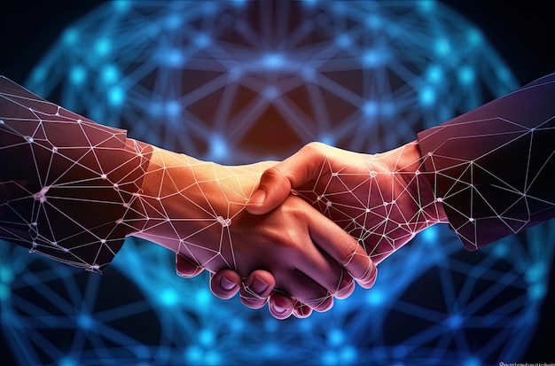 Close up of business handshake against global network connection on dark blue background