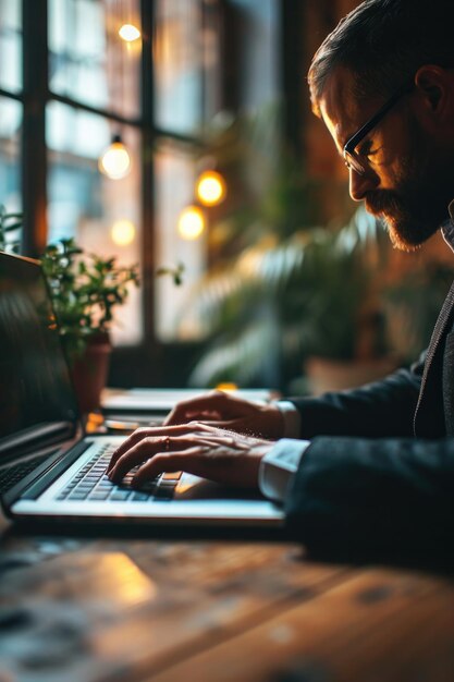 Close up of business man working on laptop computer