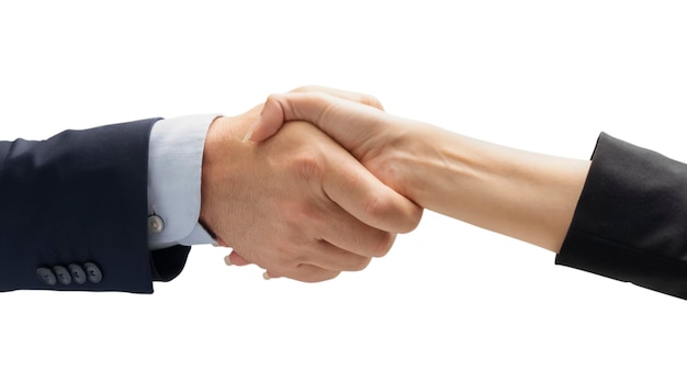 Close up of business people handshake in the office after meeting Successful business man and business woman handshaking after good deal isolated on white People Connection Deal Concept