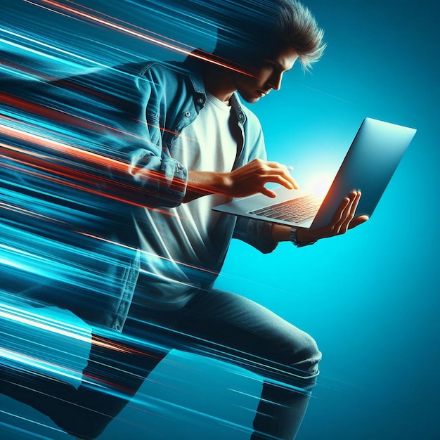 Close up of business person holding laptop against blue background with light rays