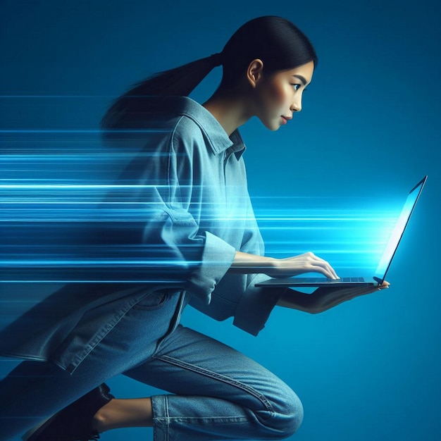 Close up of business person holding laptop against blue background with light rays