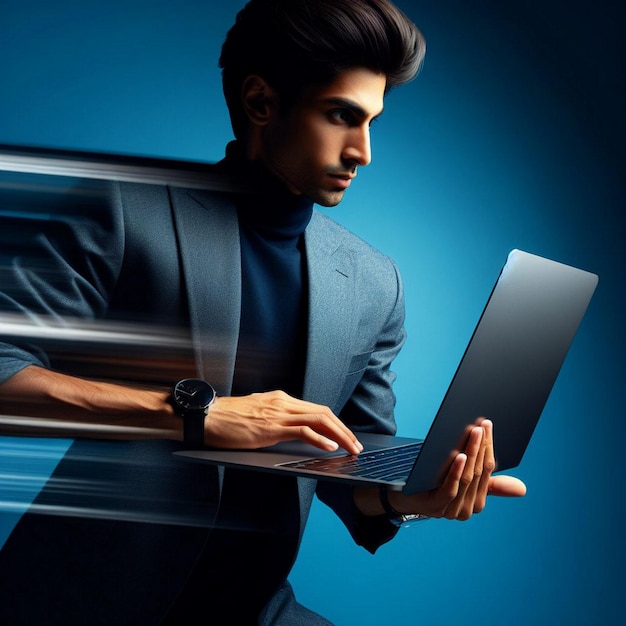 Close up of business person holding laptop against blue background with light rays