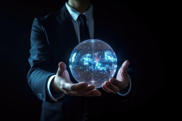 Close up of businessman hand holding glass globe with glowing earth planet 3D rendering Businessman holding a digital hologram in his hand AI Generated