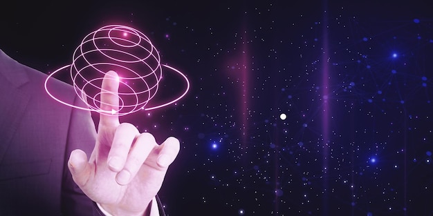 Close up of businessman hand pointing at abstract creative metaverse hologram on blurry wide starry sky background with mock up place Future and meta concept Double exposure