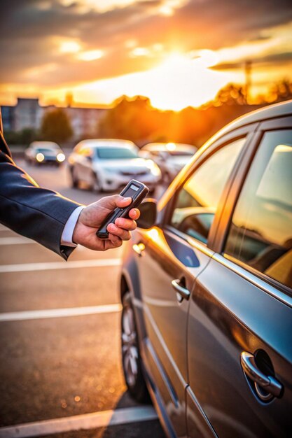 Close up businessman hand unlocked the car with remote control on parking sunset background