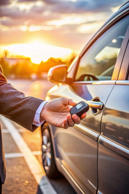 Close up businessman hand unlocked the car with remote control on parking sunset background