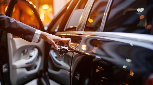 Close up businessman opening the door of his luxury car Human hand on luxury car door handle