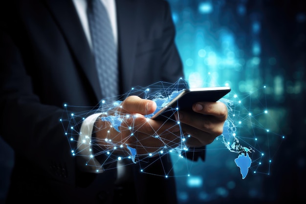 Close up of businessman using smartphone with global network connection concept 3D rendering Businessman hand using a smart phone with a global network connection concept AI Generated