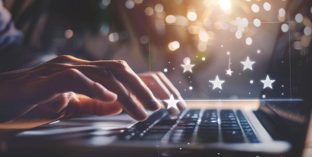 Close up of a businessmans hand using a laptop with star ratings in the background