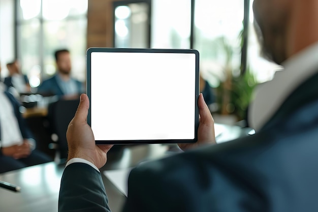 Photo close up of businessperson holding a tablet with blank screen in office copy space for advertisement