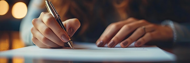 Photo close up of businesswoman hand signing contract or agreement with pen